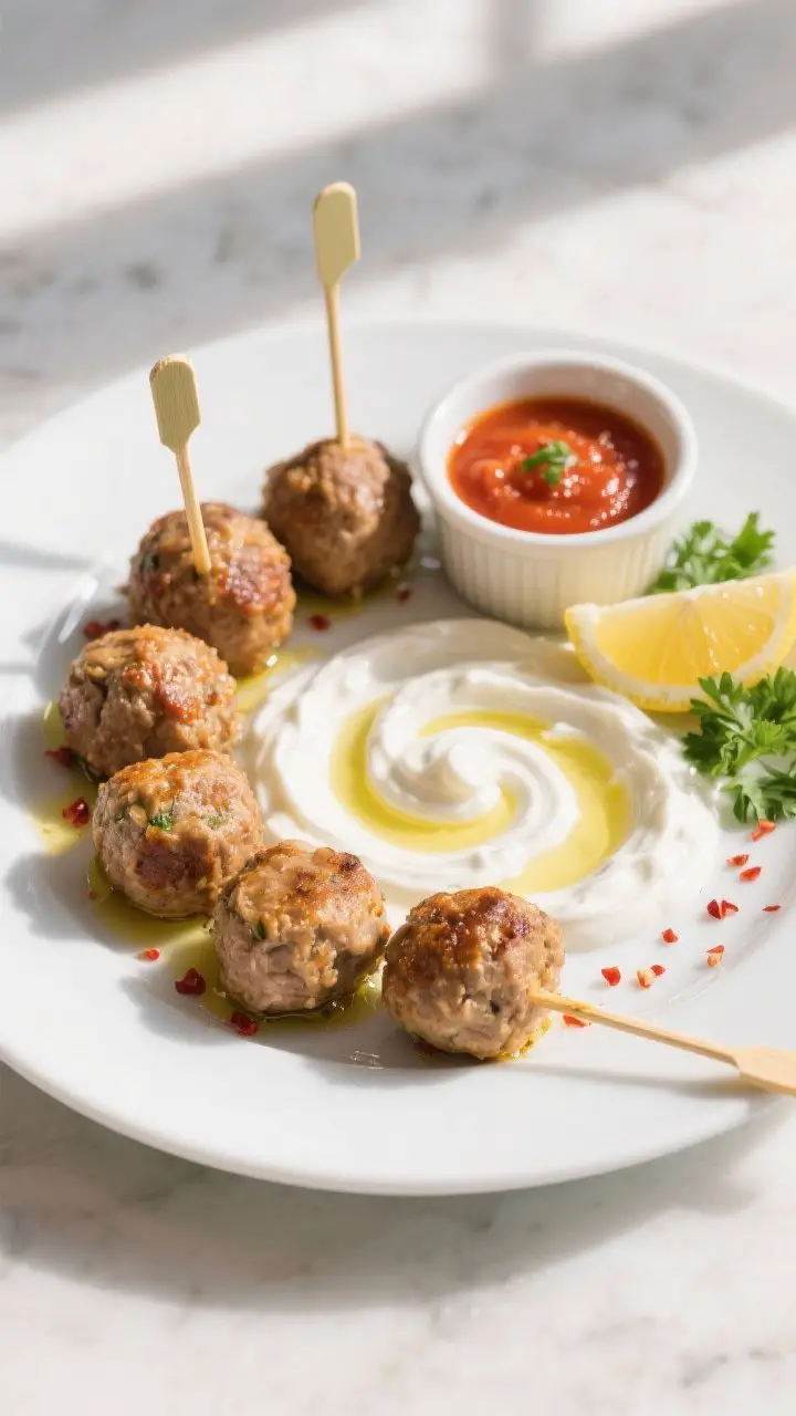 Final dish presentation: Beautifully plated turkey meatballs served as an appetizer on a white ceram