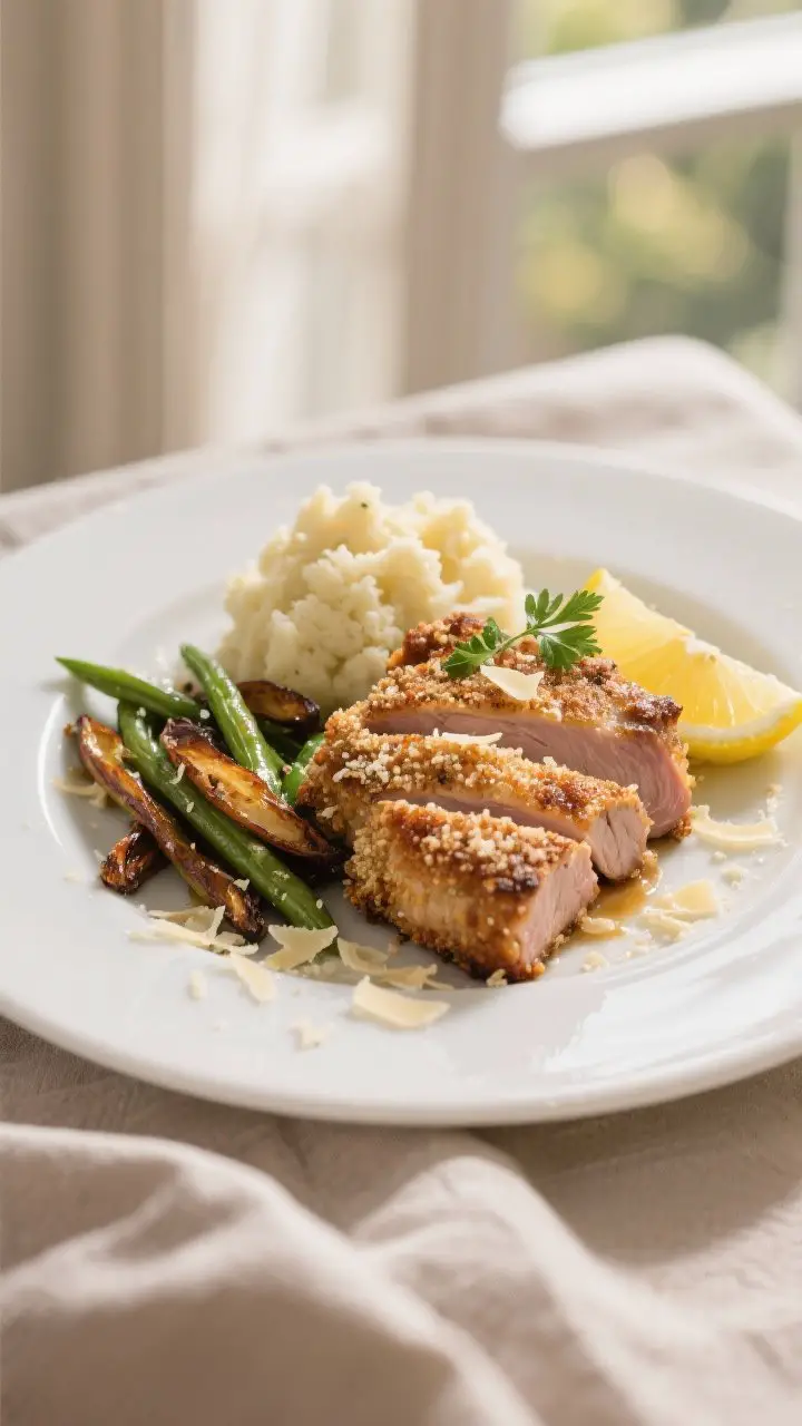 Final dish presentation: Restaurant-quality plated crispy baked pork chops with Parmesan crust, slic