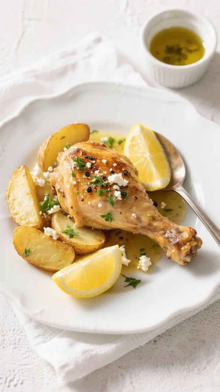Final dish presentation: Restaurant-quality plated serving of Greek Lemon Chicken with Potatoes on a
