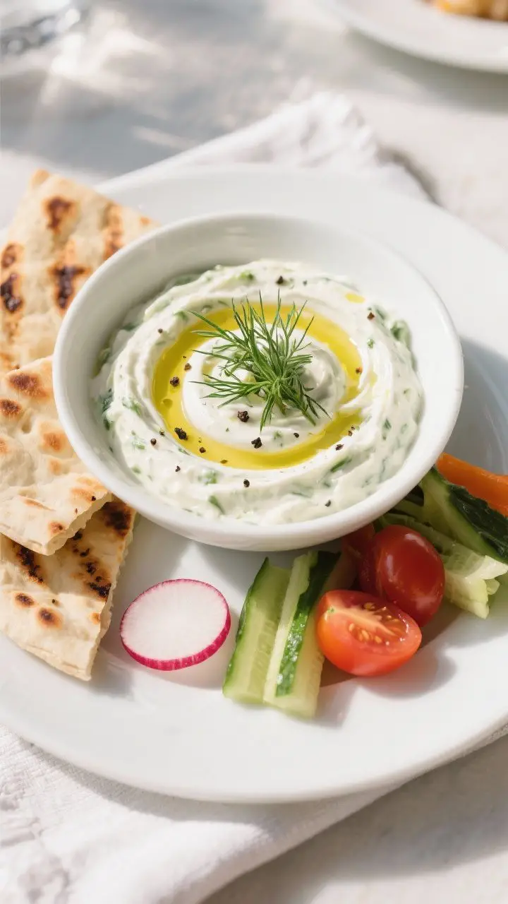Final dish presentation: Restaurant-quality plated tzatziki swirled in a shallow white bowl with a g