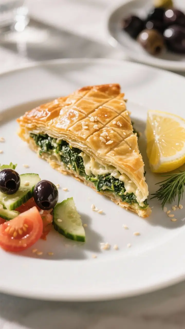 Final dish presentation: Restaurant-quality plated slice of spanakopita on a matte white plate, cris