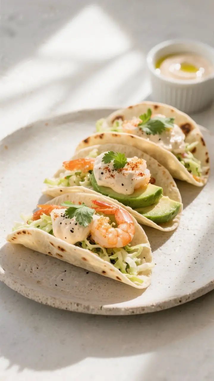 Final dish presentation: Restaurant-quality plated shrimp taco trio on a light stone plate, tight th