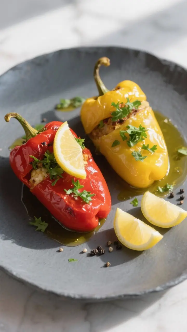 Final dish presentation: Restaurant-quality plating of two colorful stuffed peppers (one red, one ye