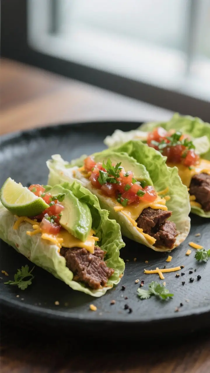 Final dish — Restaurant-quality plated wraps: Three assembled beef taco lettuce wraps on a dark sl