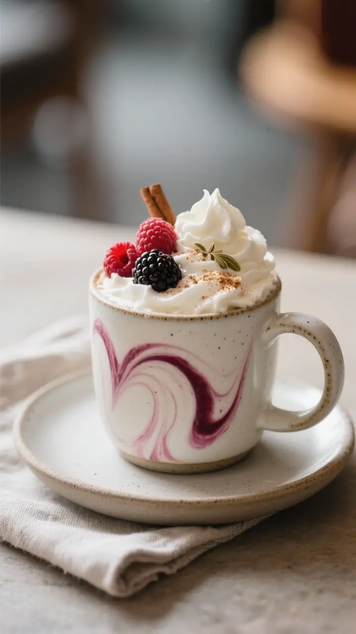 Final mug beauty shot: A cozy ceramic mug of silky white hot chocolate with a dramatic marbled swirl