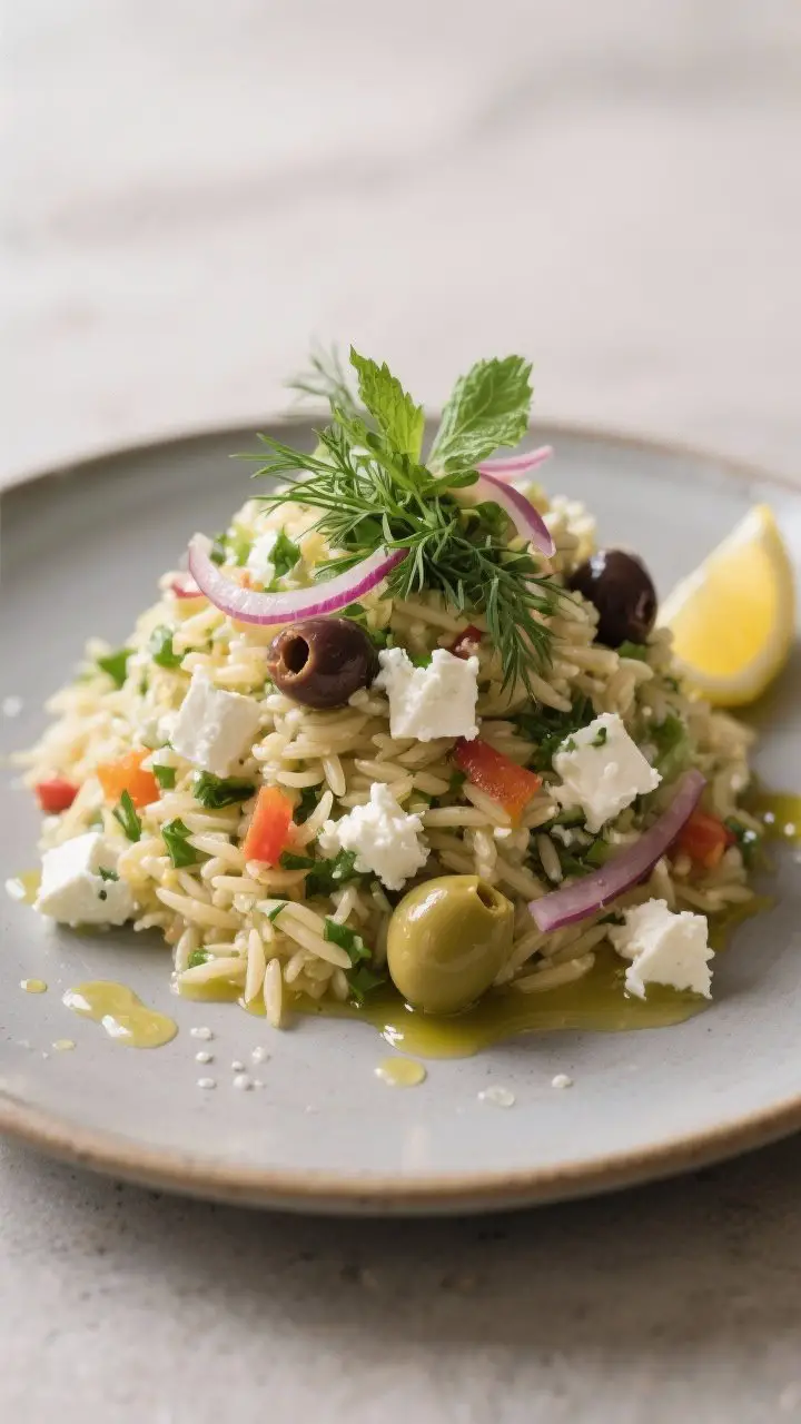 Final plated beauty: Restaurant-quality presentation of the Mediterranean Orzo Salad mounded on a ma