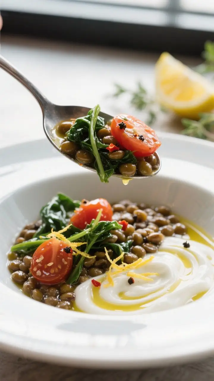 Final plated beauty shot (close-up detail): Spoonful lifted just above the bowl showcasing glossy le