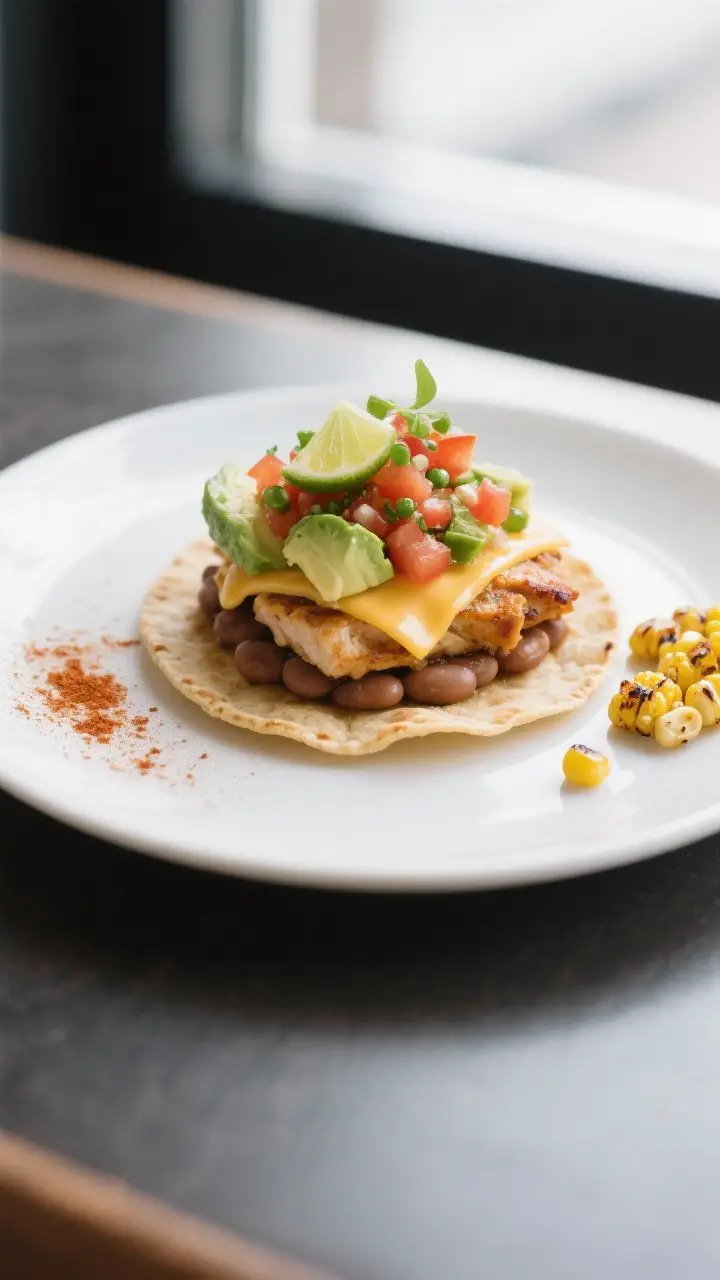 Final plated beauty: Single tostada hero shot on a matte white plate, stacked neatly: ultra-crisp sh