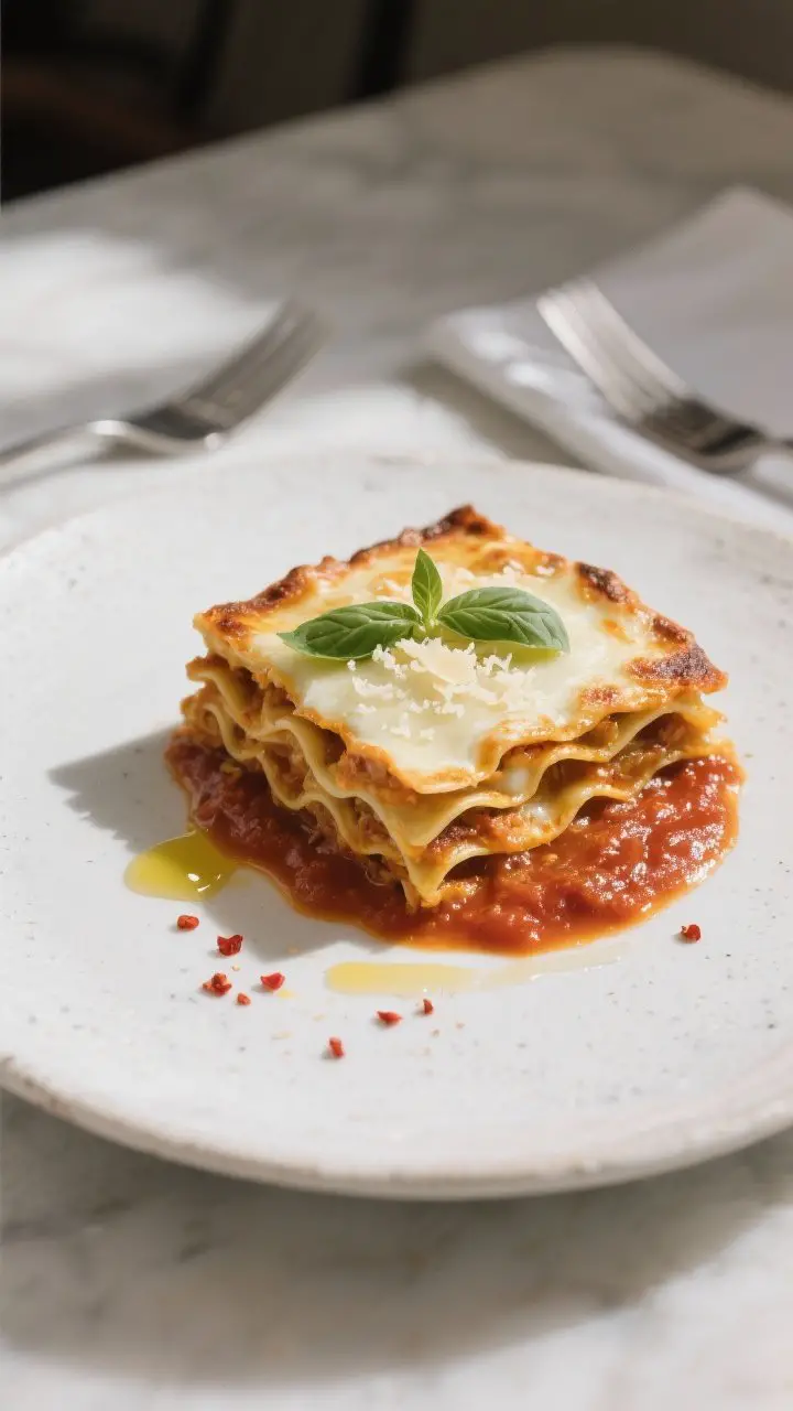 Final plated dish: A single square slice of no-boil lasagna served on a white stoneware plate, layer
