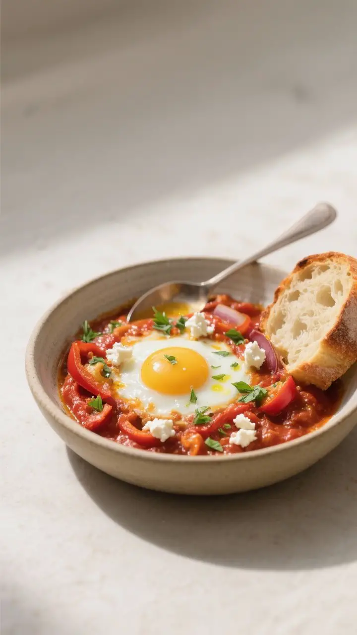Final plated dish beauty: A single portion of shakshuka spooned into a shallow ceramic bowl, showcas