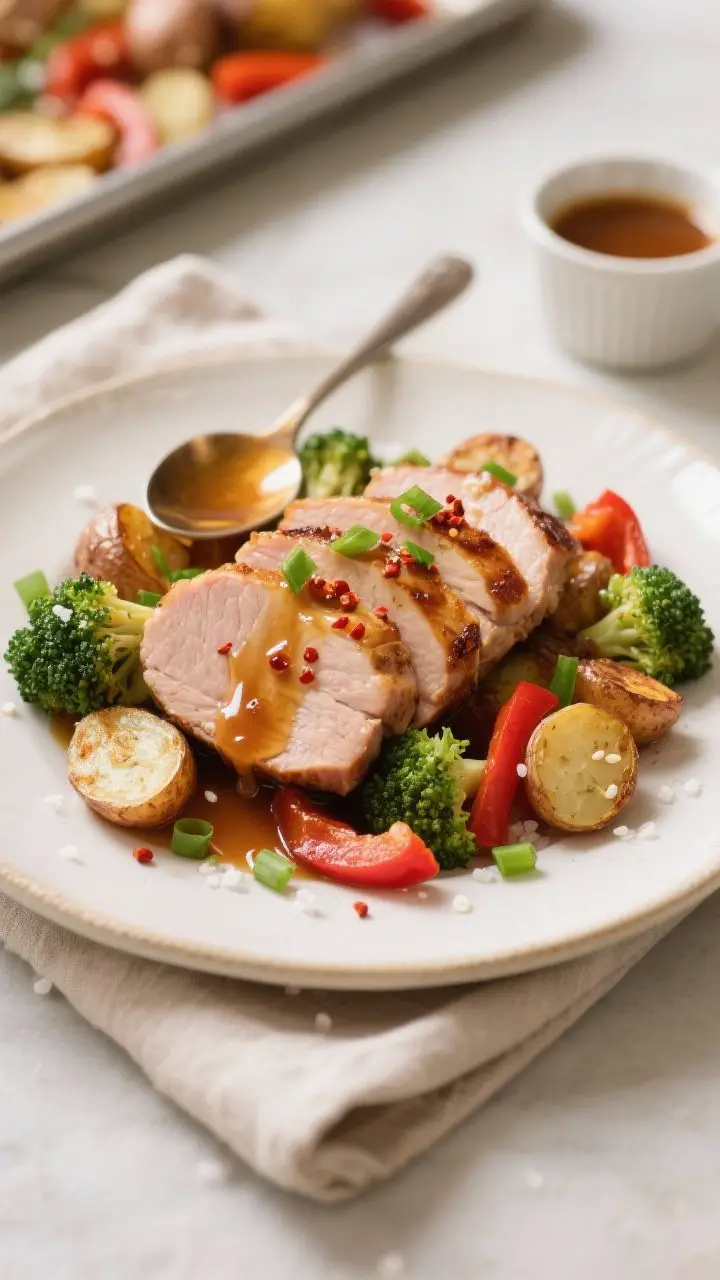 Final plated dish: Restaurant-quality presentation of the Honey Garlic Pork Tenderloin Sheet Pan Din
