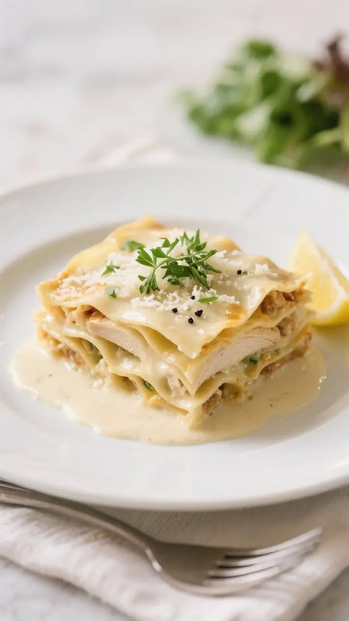 Final plated dish: Restaurant-quality presentation of a neatly cut slice of Creamy Chicken Alfredo L