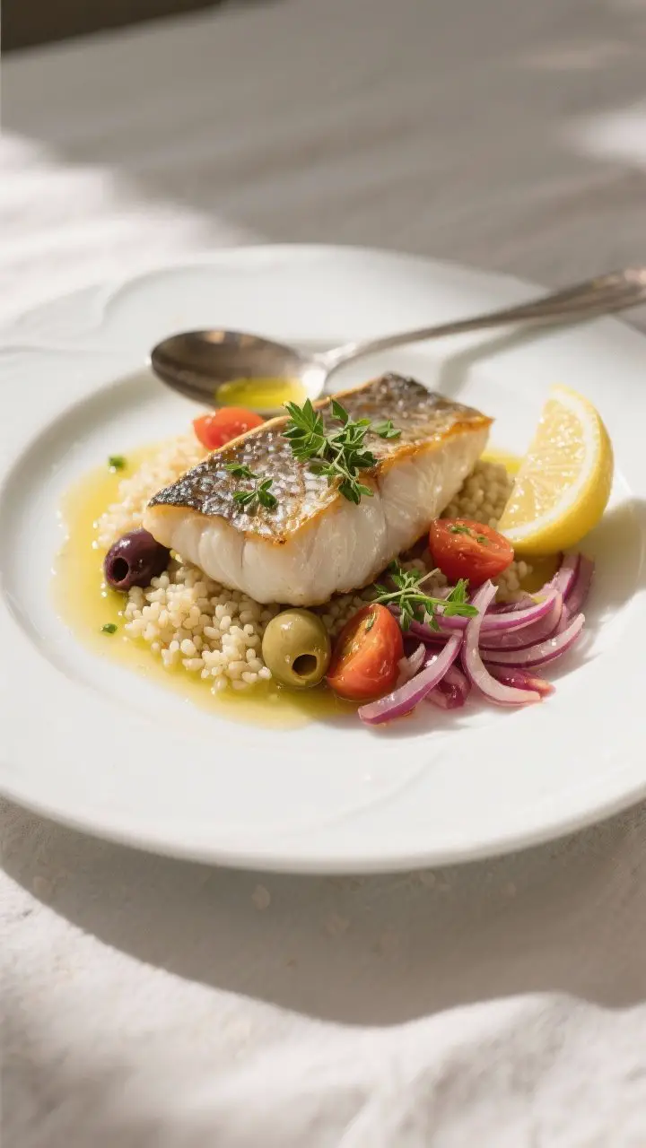 Final plated dish: Restaurant-quality presentation of a single cod fillet plated over fluffy couscou