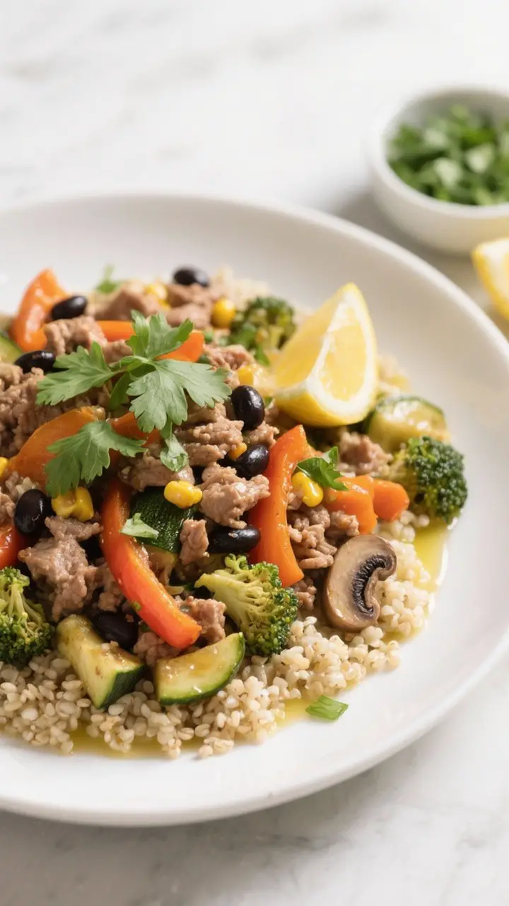 Final plated dish, restaurant-quality presentation: Beautifully plated Healthy Ground Turkey Veggie 