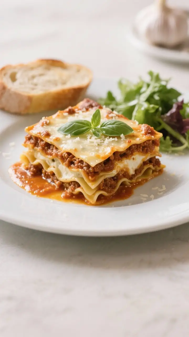 Final plated dish shot: Restaurant-quality presentation of a cleanly sliced square of classic lasagn