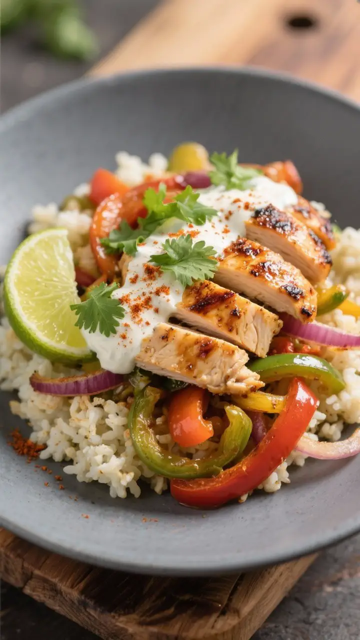 Final plated hero: Beautifully plated Grilled Chicken Fajita Bowl with cauliflower rice, glossy lime