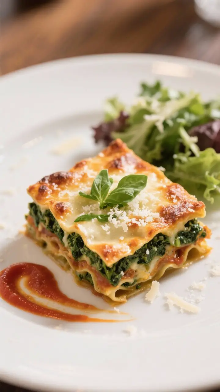 Final plated presentation: Restaurant-quality plating of a neatly cut square of Vegetarian Spinach L