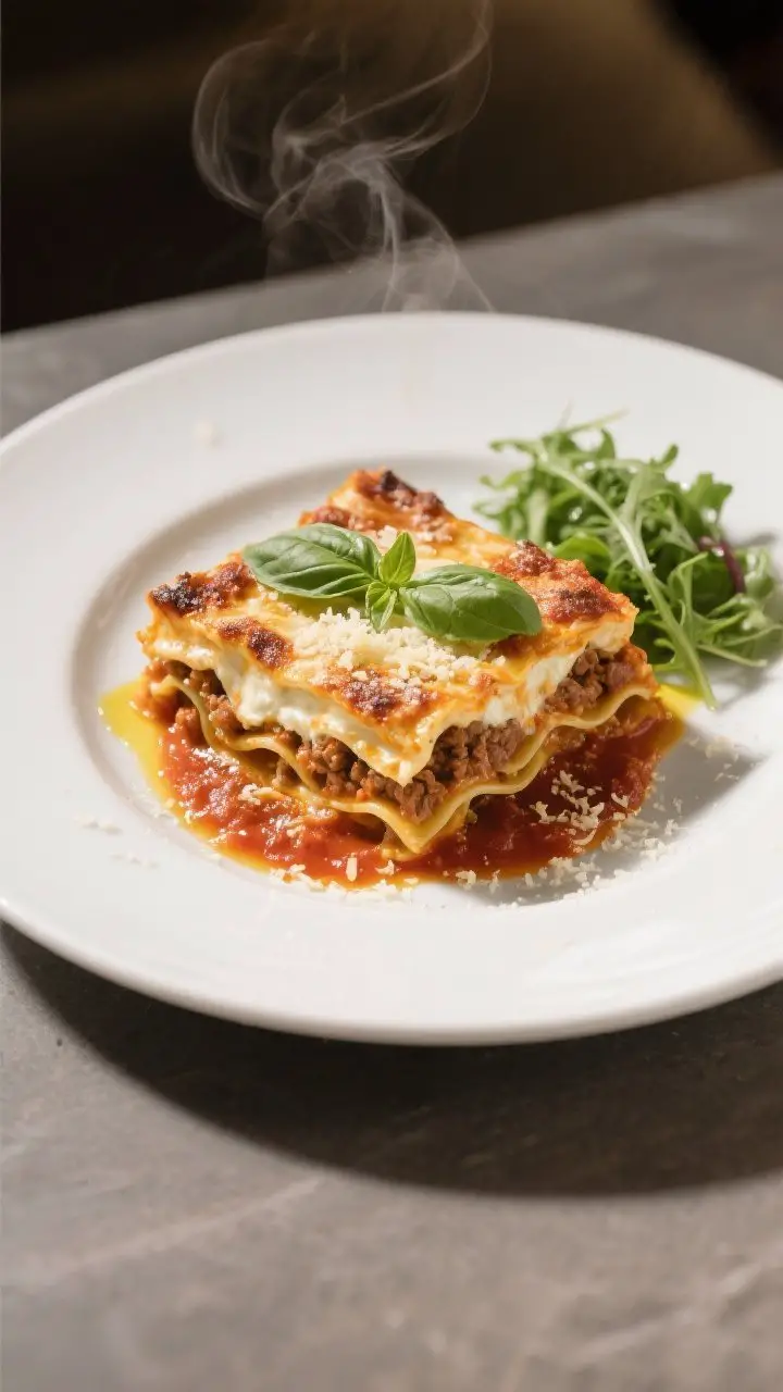 Final plated presentation: Restaurant-quality plate of a square-cut lasagna portion on a white ceram
