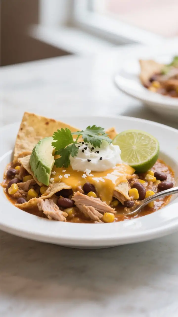 Final plated presentation: Restaurant-quality plated serving of the turkey enchilada skillet in a sh