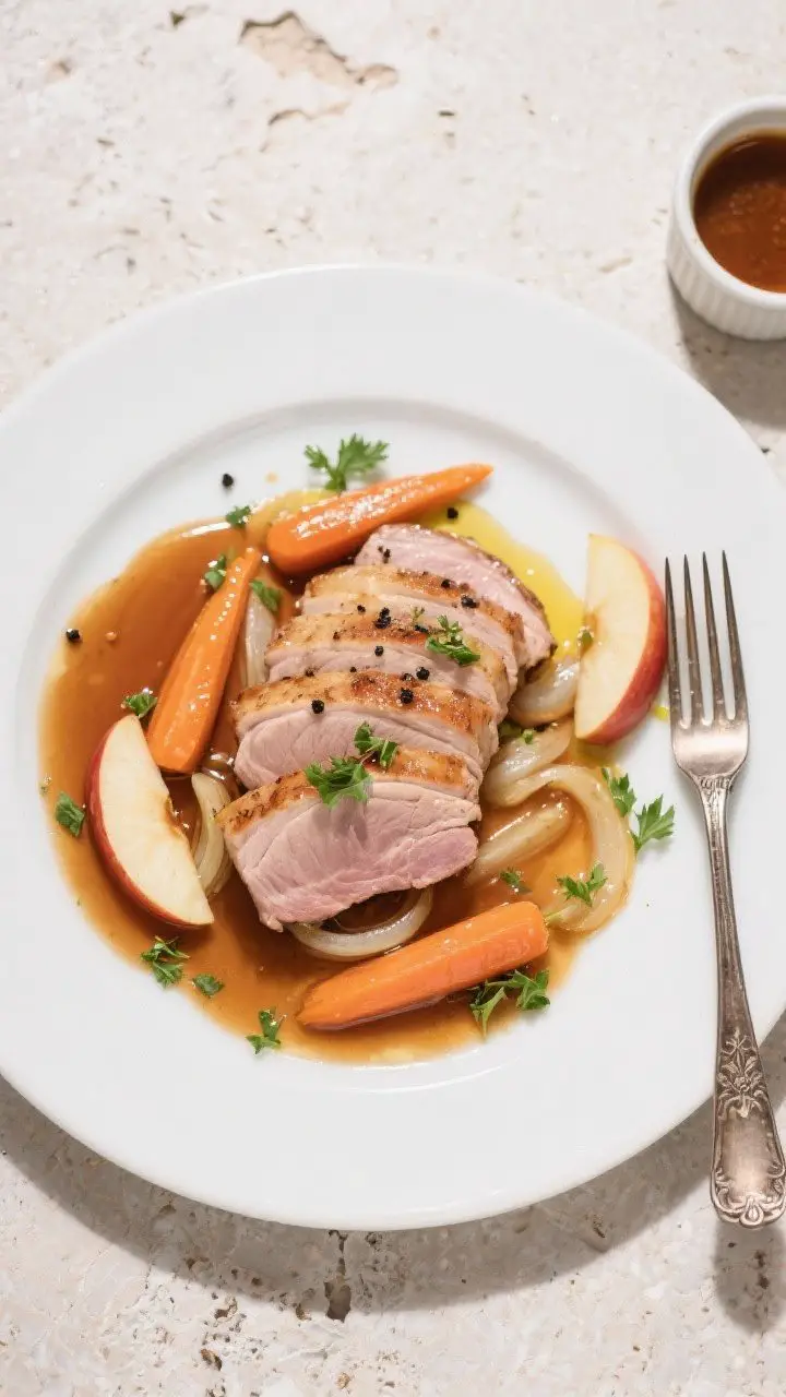 Final plated presentation: Restaurant-quality plate of sliced pork loin fanned over a swoosh of redu