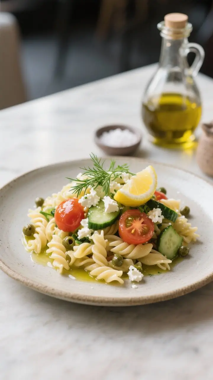 Final plated presentation: Restaurant-quality single serving of the chilled pasta salad on a shallow