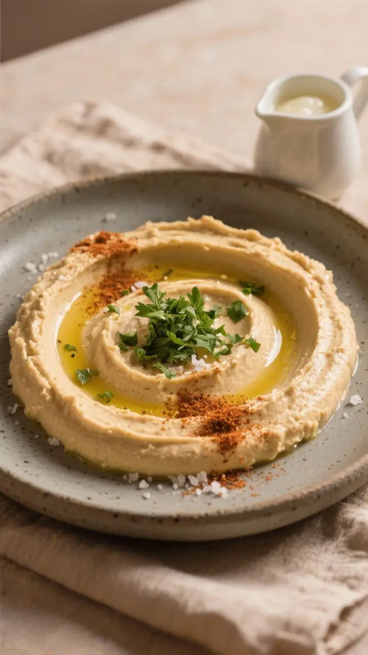 Final plated restaurant-style presentation: Creamy hummus plated mezze-style on a matte stoneware pl
