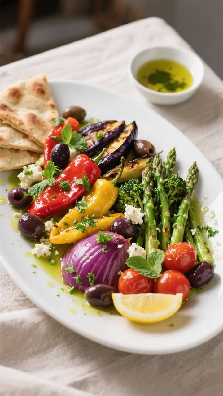 Final platter hero shot: Beautifully plated Mediterranean roasted vegetable platter on a large white