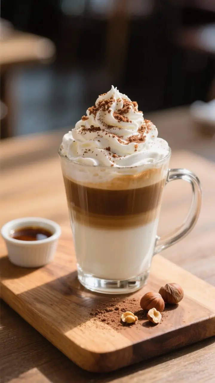 Final presentation: Café-style roasted hazelnut latte topped with a cloud of microfoam and a swirl 