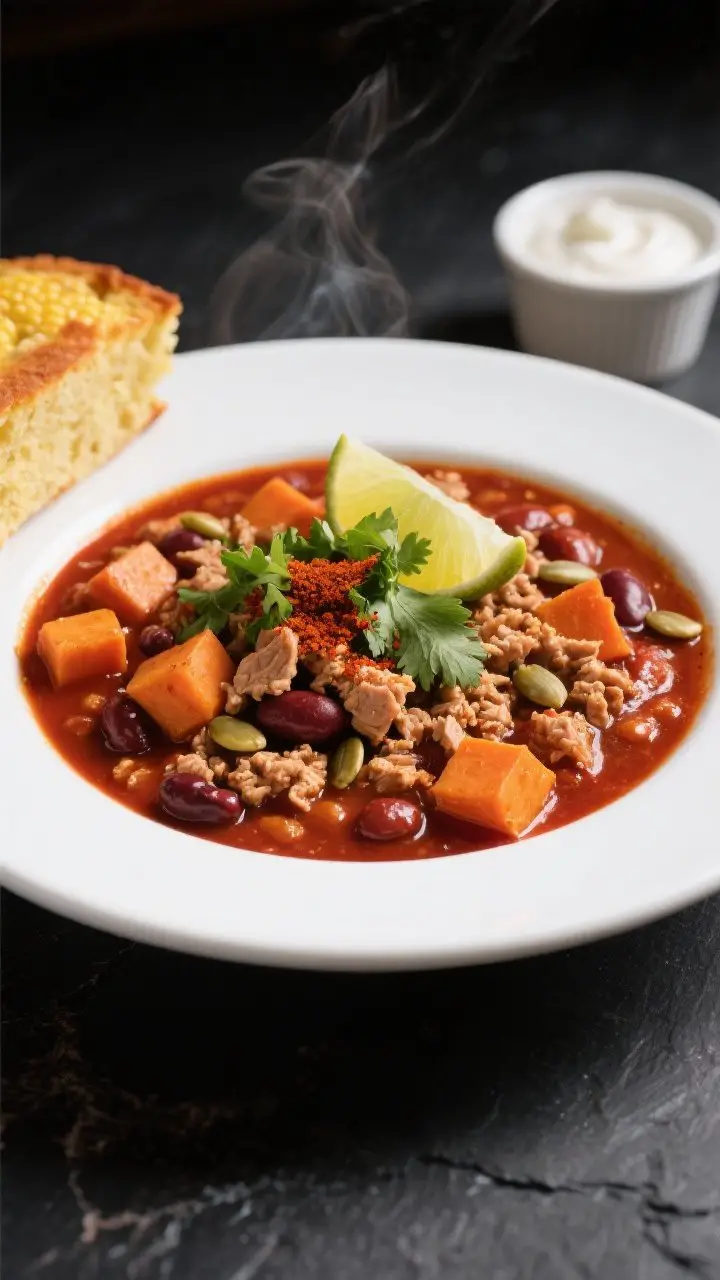 Final presentation hero: Restaurant-quality plated chili in a wide, shallow white bowl, rich brick-r