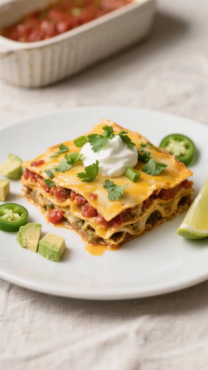 Final presentation: Restaurant-quality plated square of the Taco Lasagna on a matte white plate, gar