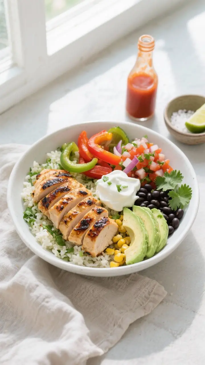 Overhead “build-your-own” bowl scene: Top-down shot of a vibrant grilled chicken fajita bowl ass