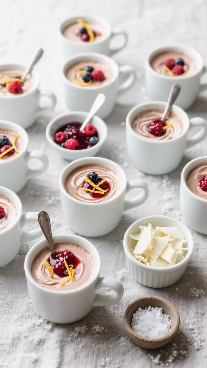 Overhead serving-for-a-crowd scene: Top-down shot of multiple mugs filled with white hot chocolate, 