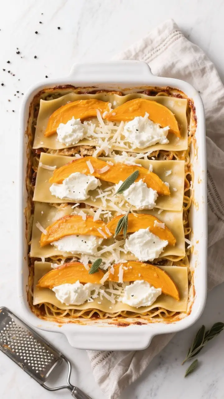 Overhead, tasty top view: Assembly shot of butternut squash lasagna in a 9x13 baking dish—neat lay