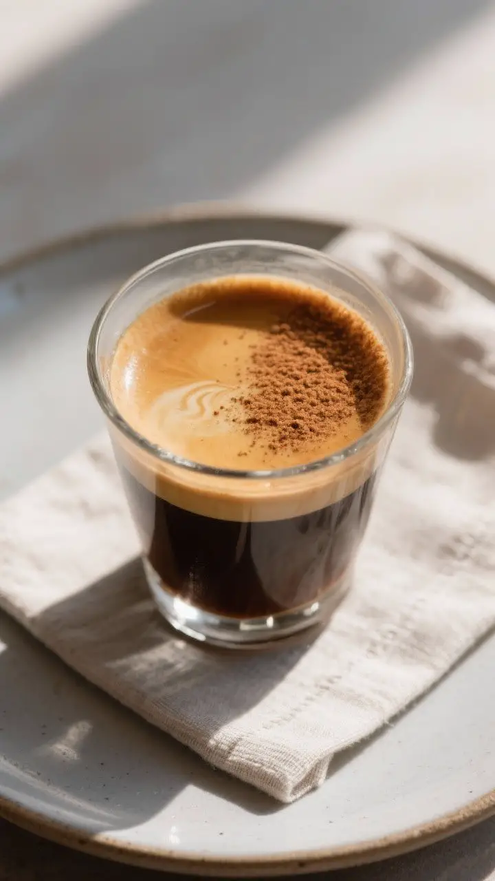 Overhead “tasty top view”: finished Brown Sugar Cinnamon Cortado in a 4–5 oz clear glass, show