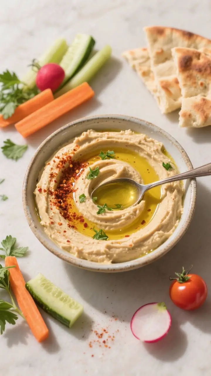 Overhead “tasty top view”: Finished hummus spread in a shallow ceramic bowl with pronounced spoo