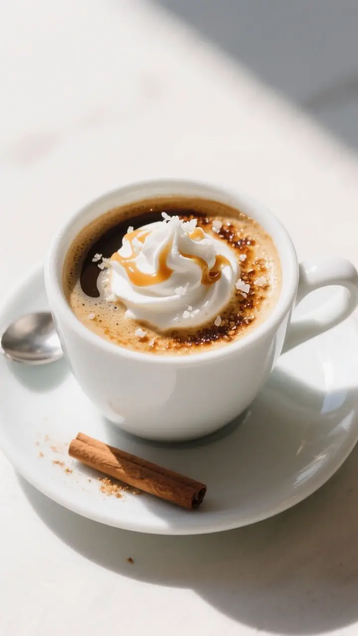 Tasty top-down final presentation: overhead shot of a finished Caramel Brûlée Latte in a wide, whi