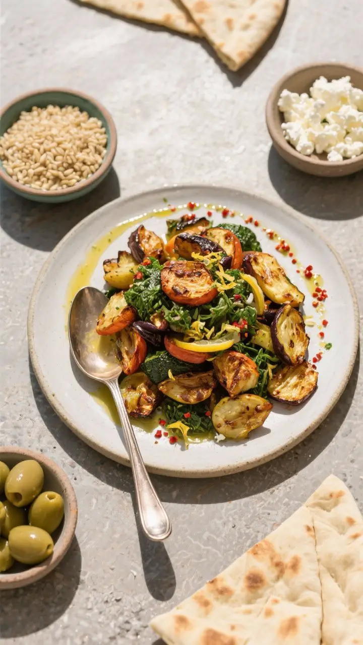 Tasty top-down serving scene: Overhead shot of a build-your-own spread—roasted vegetables mounded 