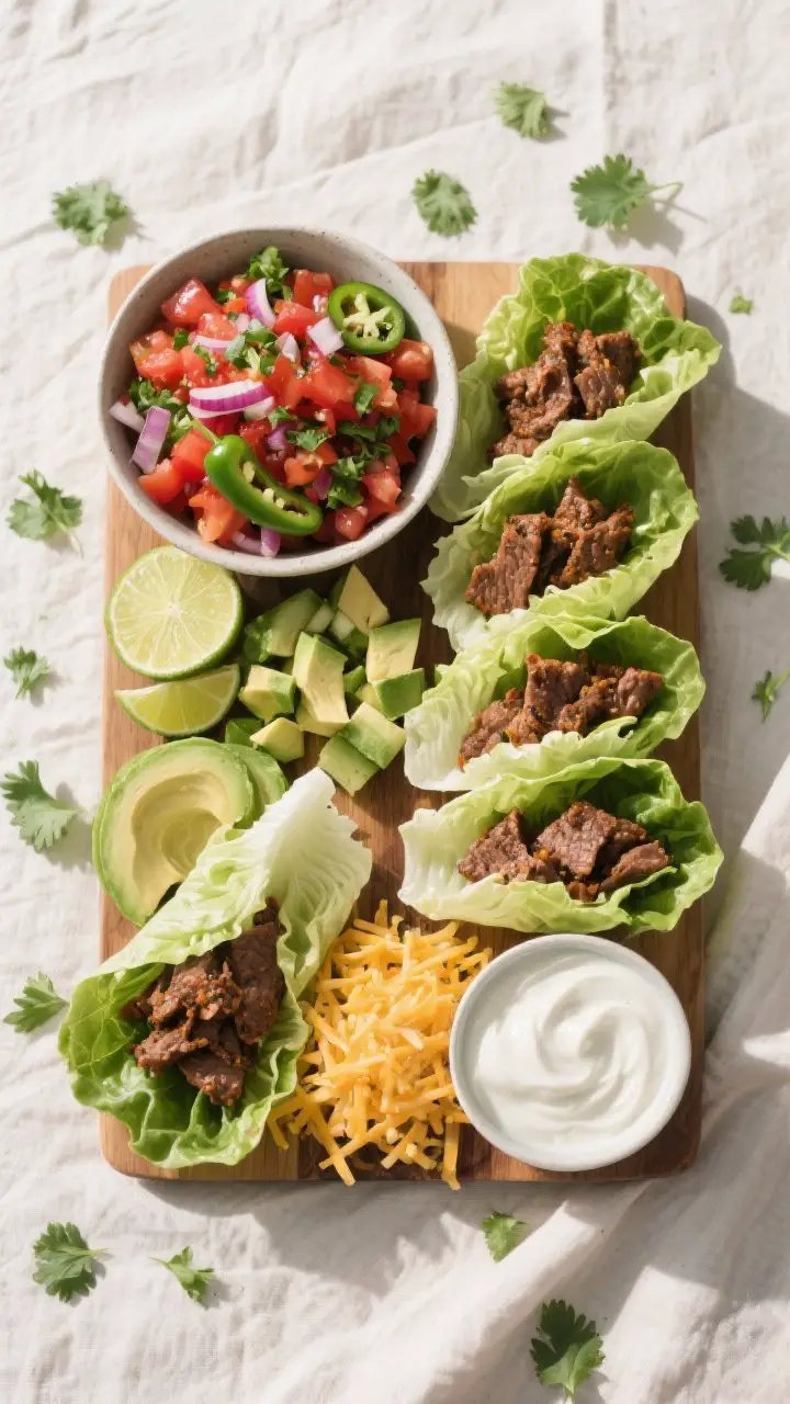 Tasty top view — Build-your-own lettuce wrap spread: Overhead shot of a family-style board with cr