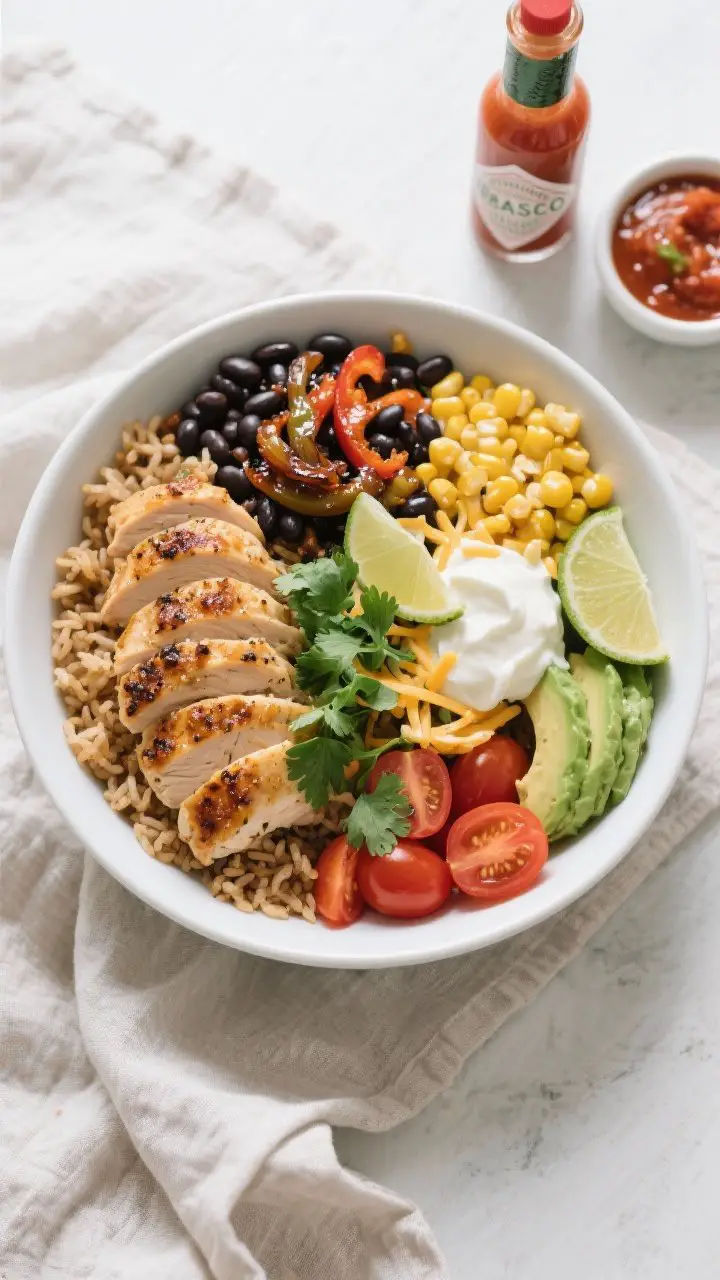 Tasty top view final bowl: Overhead shot of a Chicken Burrito Bowl arranged in neat, colorful sectio