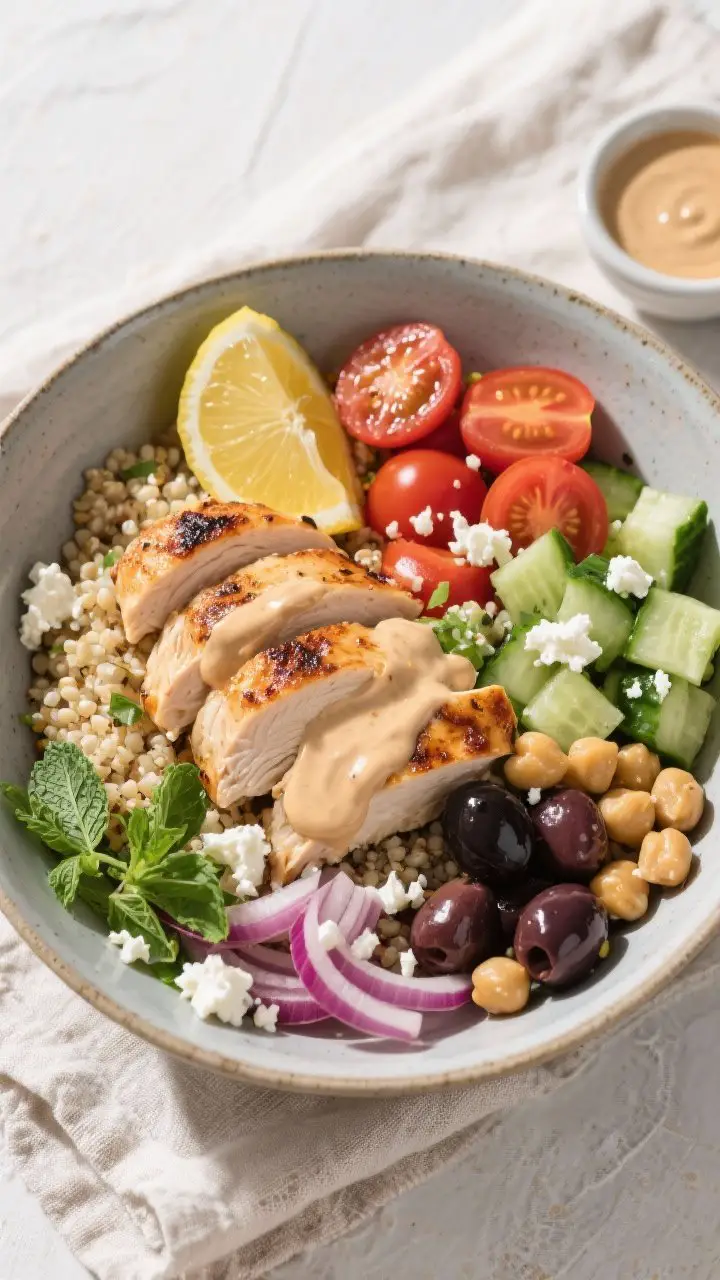 Tasty top view final bowl: Overhead shot of a Mediterranean grilled chicken bowl assembled for meal 