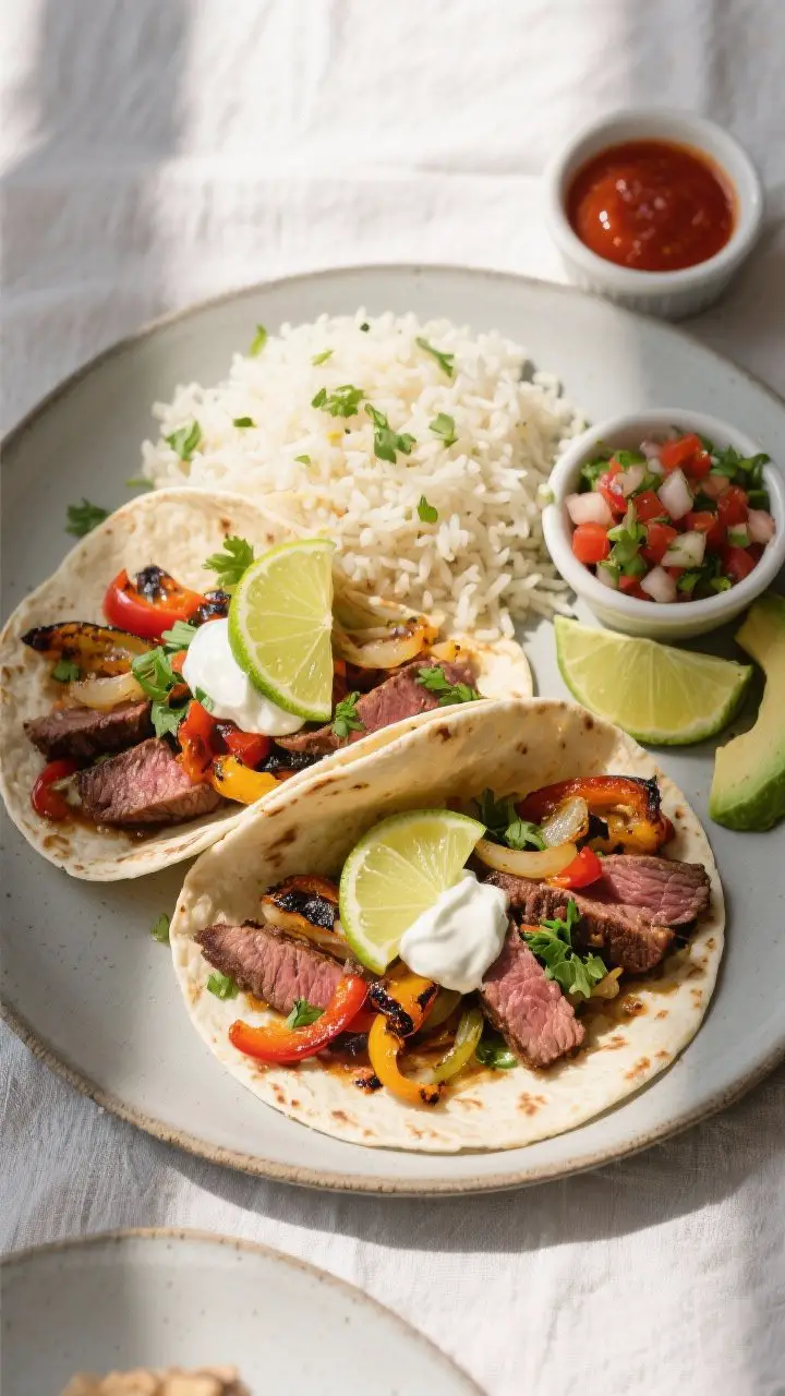 Tasty top view final presentation: Overhead shot of plated steak fajitas with cilantro-lime rice on 
