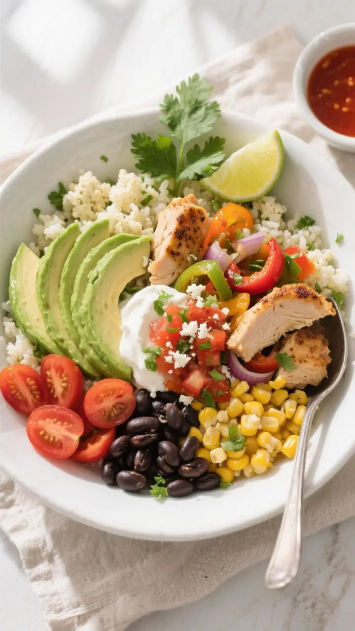 Tasty top view, overhead assembly: Overhead shot of a colorful cauliflower rice burrito bowl just as