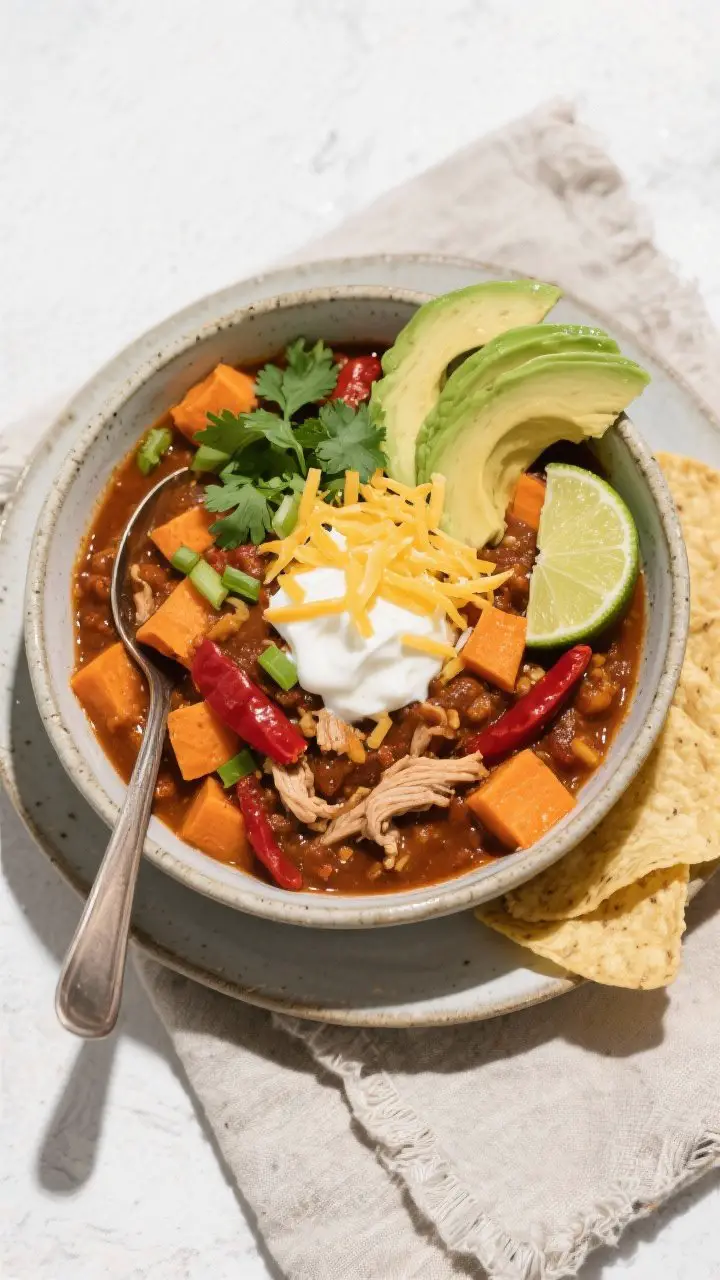 Tasty top view: Overhead shot of a bowl of High-Protein Turkey Chili with Sweet Potatoes, thick and