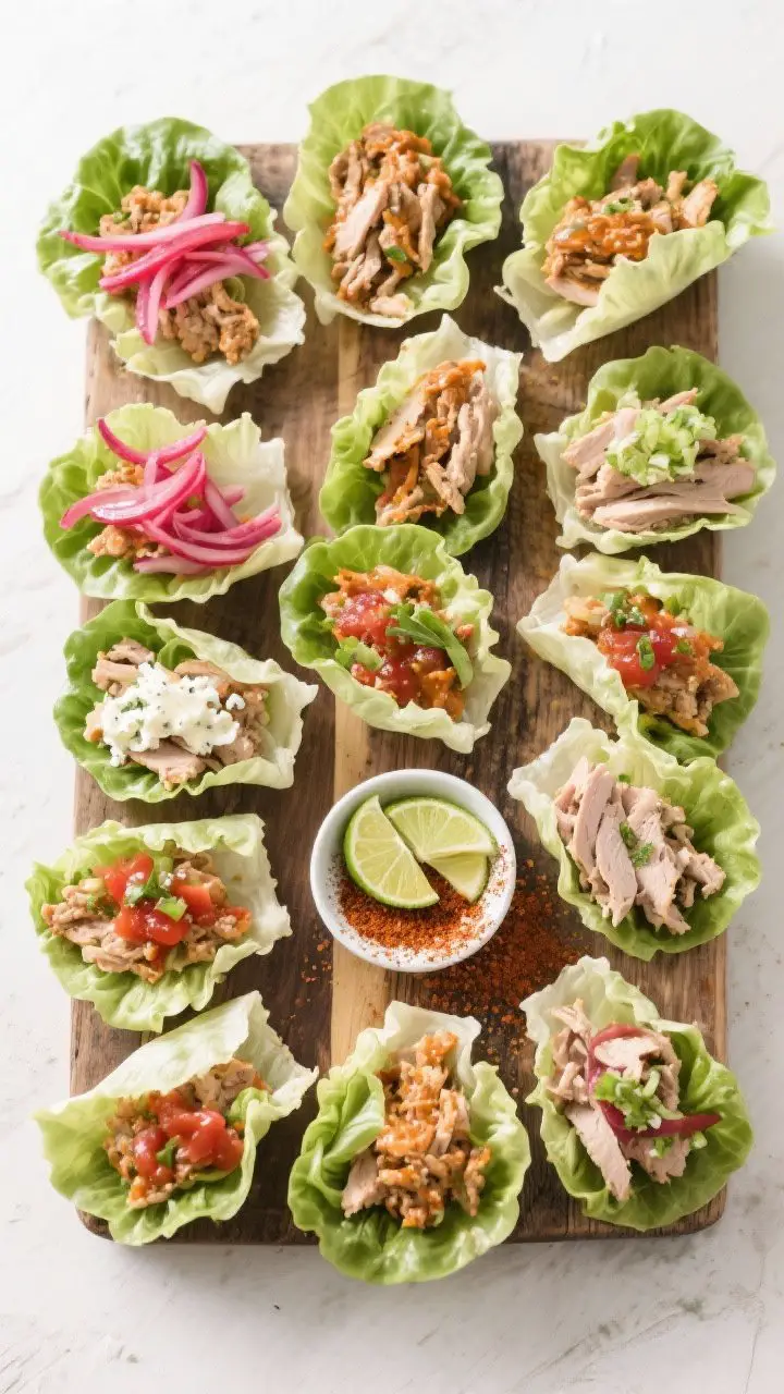 Tasty top view: Overhead shot of a DIY lettuce wrap serving scene—12–14 assembled and open-faced