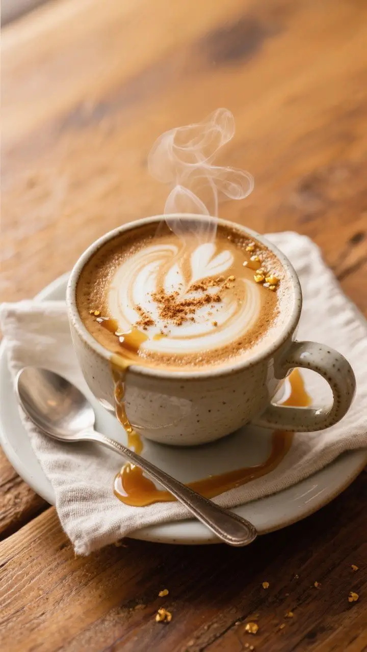 Tasty top view: Overhead shot of a finished Brown Butter Latte in a 10–12 oz ceramic mug, rich esp