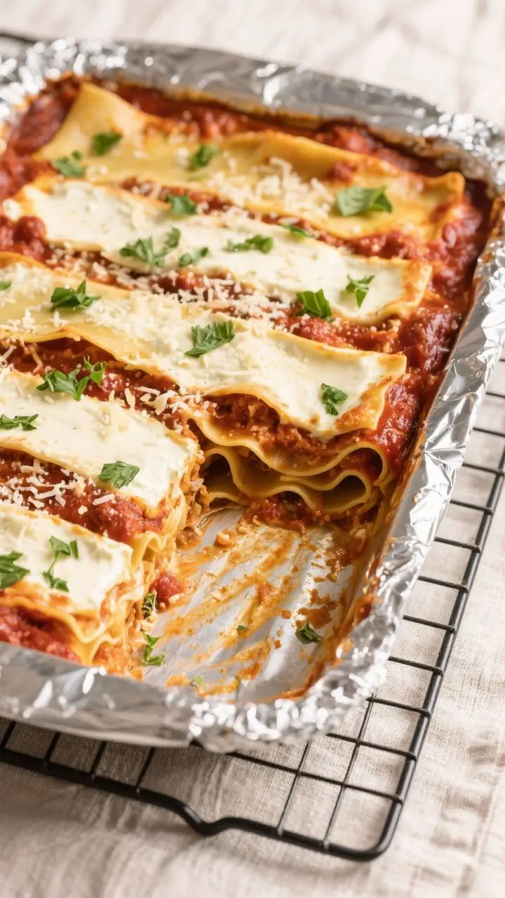 Tasty top view: Overhead shot of a freshly baked 9x13 no-boil lasagna resting on a cooling rack, foi