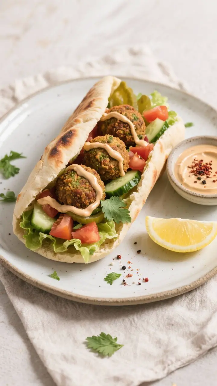 Tasty top view: Overhead shot of a loaded falafel pita pocket—walnut-sized falafel tucked into war