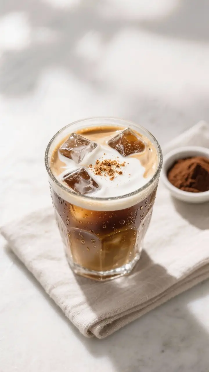 Tasty top view: Overhead shot of an iced Irish cream coffee—strong cooled coffee mixed with the ba