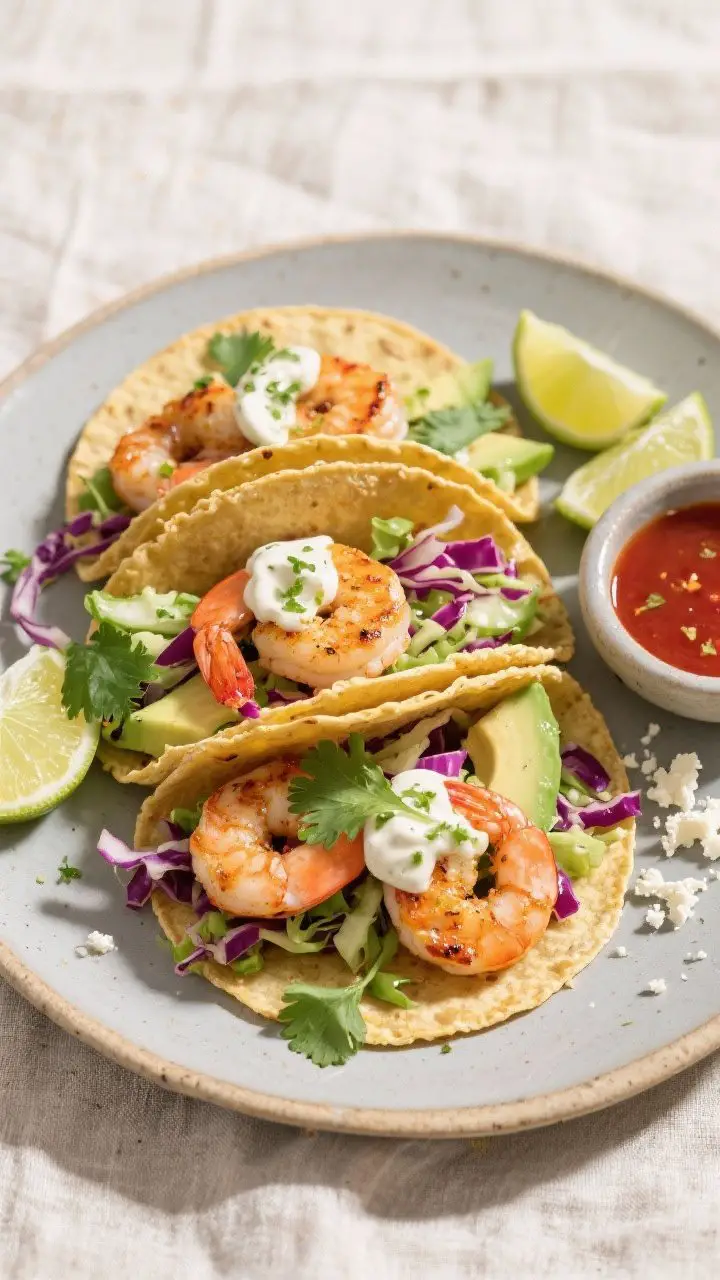 Tasty top view: Overhead shot of assembled shrimp tacos on a matte ceramic platter—warm corn torti
