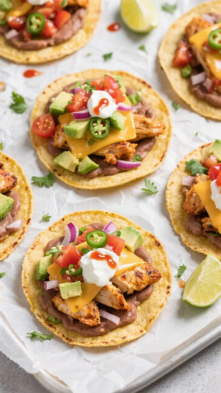 Tasty top view: Overhead shot of assembled spicy chicken tostadas on a parchment-lined sheet, each c